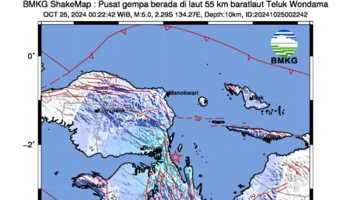 Teluk Wondama Papua Barat Diguncang Gempa Magnitudo 5,0