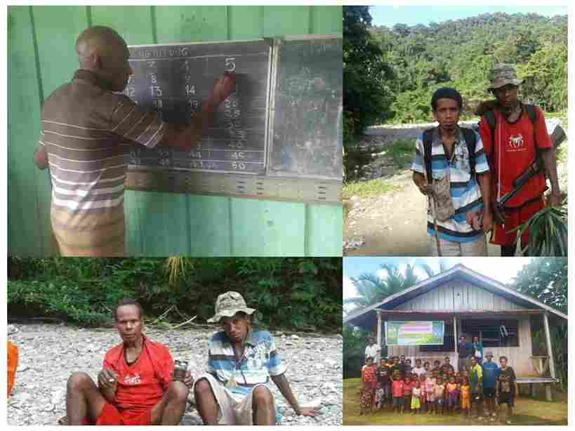 Fhoto seorang guru dari Papua mengajar di dalam kelas dan gambar anak Papua lagi belajar