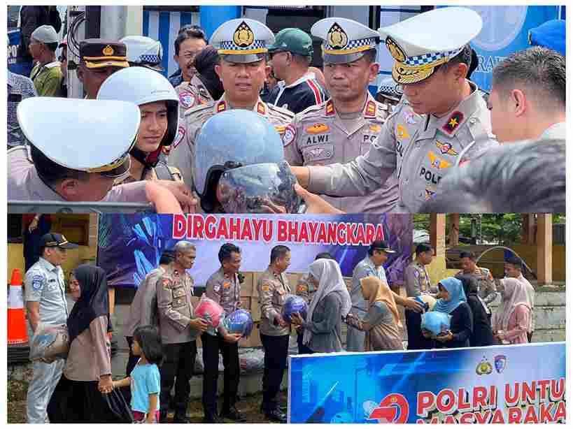Polres soppeng dan gakkum korlantas polri bagi bagi helm SNI warga antusias menyambut acara ini