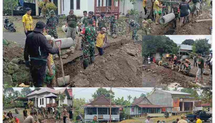 Kodim 1423/Soppeng dan Koramil 05 Gelar Gotong Royong Pembuatan Gorong-Gorong Bersama Warga Marioriwawo