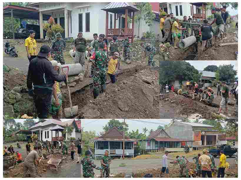 Kodim 1423/Soppeng dan Koramil 05 Gelar Gotong Royong Pembuatan Gorong-Gorong Bersama Warga Marioriwawo