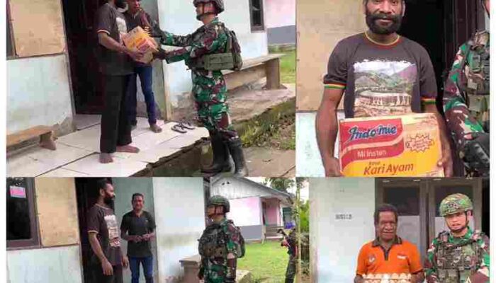 Tebar Kebaikan, Satgas Yonif 642/Kps Berbagi Sembako di Kampung Naikere