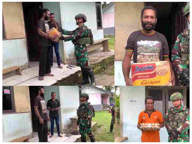 Tebar Kebaikan, Satgas Yonif 642/Kps Berbagi Sembako di Kampung Naikere