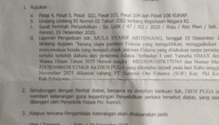 Kantor Cabang Summit Oto Finance Pangkalan Kerinci Diduga Buat Pengaduan Tidak Sesuai Fakta ke Polsek