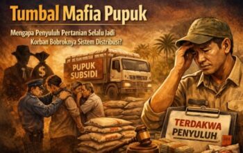 Pupuk Subsidi di Pelalawan Bermasalah: Penyuluh Pertanian Terjepit Sistem, Jadi Tersangka—Siapa Aktor Sebenarnya? Ilustrasi penyuluh pertanian lapangan menghadapi tekanan sistem distribusi pupuk subsidi yang bermasalah, dengan bayangan mafia pupuk, alur penyaluran tidak transparan, dan risiko kriminalisasi terhadap pengabdi petani.