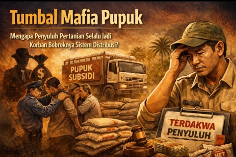 Ilustrasi penyuluh pertanian lapangan menghadapi tekanan sistem distribusi pupuk subsidi yang bermasalah, dengan bayangan mafia pupuk, alur penyaluran tidak transparan, dan risiko kriminalisasi terhadap pengabdi petani.