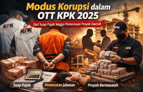 Ilustrasi Operasi Tangkap Tangan KPK 2025 yang mengungkap beragam modus korupsi mulai dari suap pajak, pemerasan jabatan, hingga proyek pemerintah di berbagai daerah Indonesia