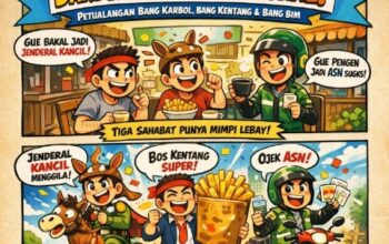 Ilustrasi kisah reflektif tentang persahabatan dan perjuangan tiga pemuda kampung yang mempertahankan mimpi di tengah keterbatasan hidup