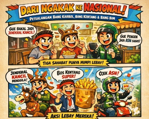 Ilustrasi kisah reflektif tentang persahabatan dan perjuangan tiga pemuda kampung yang mempertahankan mimpi di tengah keterbatasan hidup