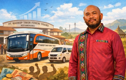Mario Kolo pemilik PT Warkop Timor Foneni Trans berdiri di depan armada bus dan travel di Kefamenanu Timor Tengah Utara NTT