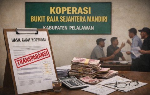 Ilustrasi laporan audit dan tumpukan dokumen keuangan Koperasi Bukit Raja Sejahtera Mandiri di Kabupaten Pelalawan
