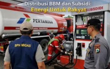 Truk tangki Pertamina menyalurkan BBM dan BBM subsidi di SPBU dengan tulisan “SOLAR SUBSIDI” terlihat, diawasi petugas BPH Migas dan polisi, ilustrasi distribusi energi nasional yang terang dan profesional.