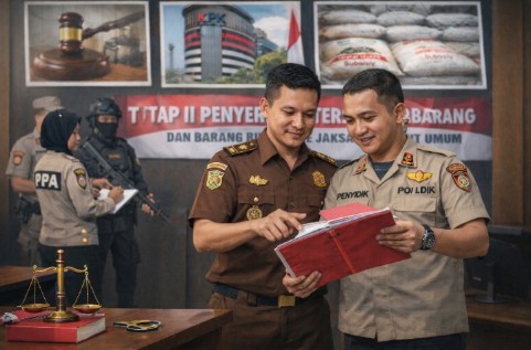 Ilustrasi suasana kantor Polda NTT, menampilkan interaksi humanis antara polisi dan jaksa saat meninjau berkas kasus hukum, dengan wartawan mencatat berita. Tidak menampilkan tersangka, fokus pada profesionalisme dan transparansi penegakan hukum.