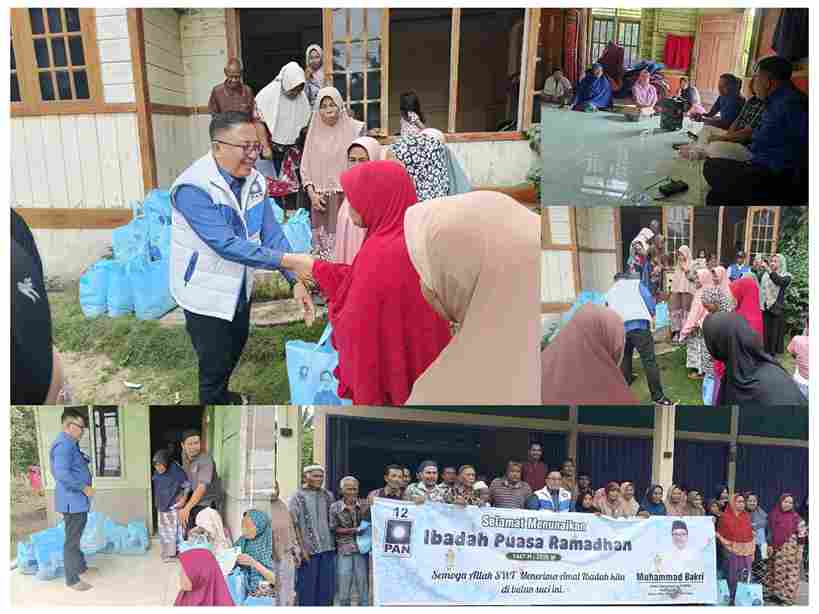 H. M. Bakri Ketua DPD PAN Pelalawan menyerahkan bantuan sembako kepada warga desa di Pangkalan Kuras sebagai bagian dari upaya memperkuat ketahanan ekonomi masyarakat menjelang Ramadan.