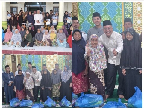 Wakil Ketua DPRD Pelalawan M Bakri menyalurkan bantuan beras dan sembako kepada fakir miskin sambut Ramadan.