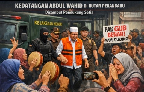 kedatangan gubernur riau nonaktif abdul wahid di rutan pekanbaru disambut pendukung