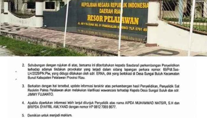 Nasional | Polisi Akan Klarifikasi Kades Sungai Buluh dan Yimmy Fujianto, Kasus Dugaan Provokator Sidang Lingkungan Hidup Berlanjut