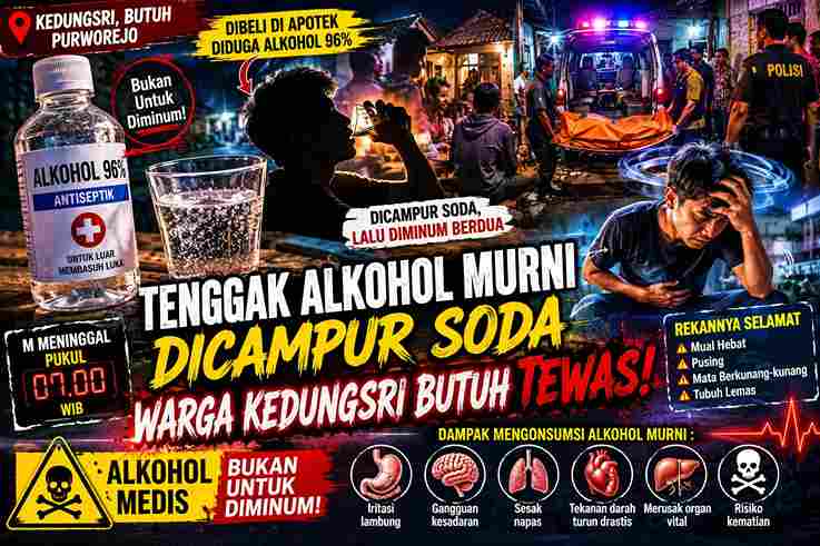 Warga Desa Kedungsri Purworejo meninggal dunia setelah diduga mengonsumsi alkohol murni yang dicampur minuman bersoda.