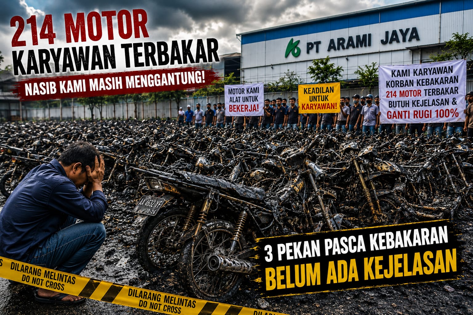 214 motor karyawan hangus terbakar di area parkir PT Arami Jaya Purworejo korban menunggu kepastian ganti rugi