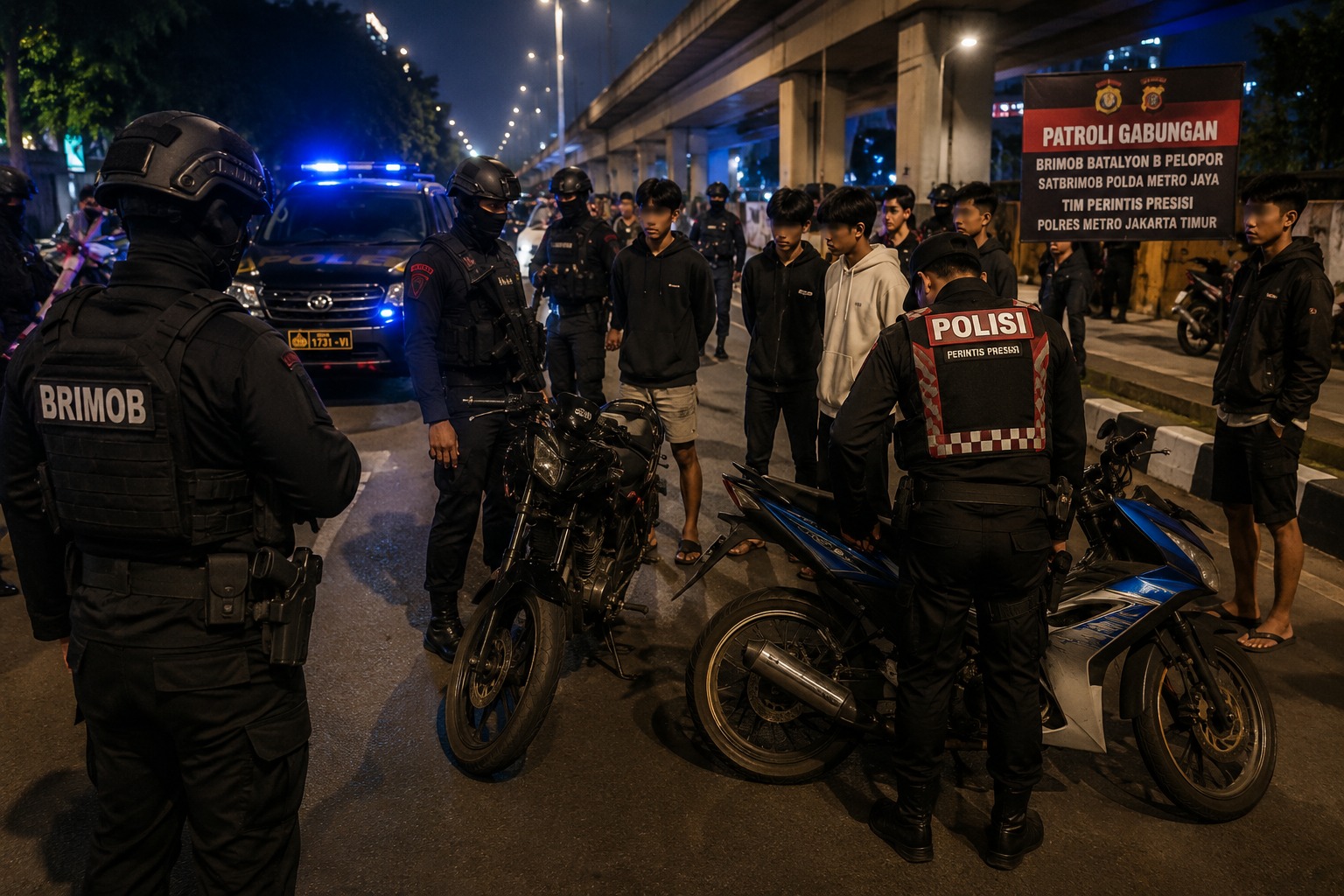 Patroli gabungan Brimob dan Tim Perintis Presisi menggagalkan dugaan balap liar di Jalan Pinang Ranti Jakarta Timur