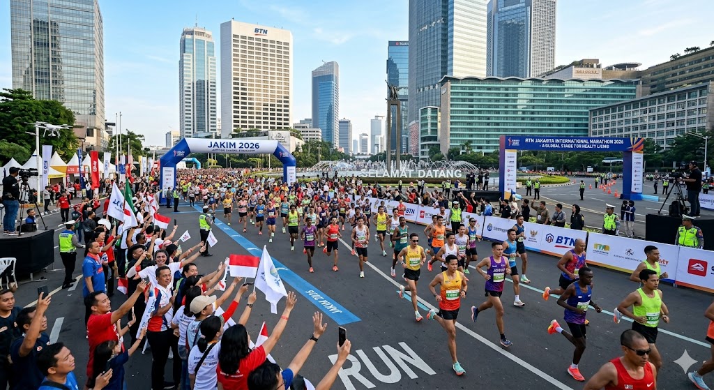 Ribuan pelari melintasi jalur protokol Sudirman-Thamrin dalam ajang BTN Jakarta International Marathon atau JAKIM 2026 setelah 19 jalan utama ditutup total.