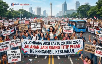 Ilustrasi ruang publik dán penyampaian aspirasi masyarakat atau aksi massa menuntut keadilan kebijakan di Jakarta.