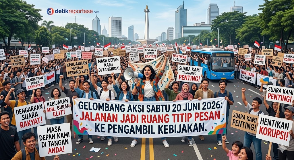 Ilustrasi ruang publik dán penyampaian aspirasi masyarakat atau aksi massa menuntut keadilan kebijakan di Jakarta.