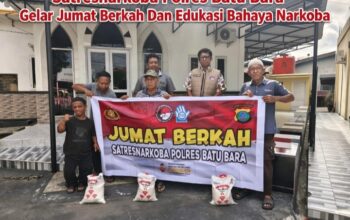 Teks Alt Satresnarkoba Polres Batu Bara bagikan sembako jumat berkah