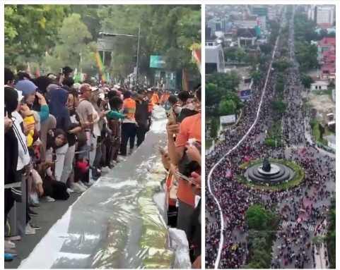 Suasana pemecahan rekor dunia MURI untuk sajian kue talam ketan durian sepanjang satu kilometer di CFD Pekanbaru.