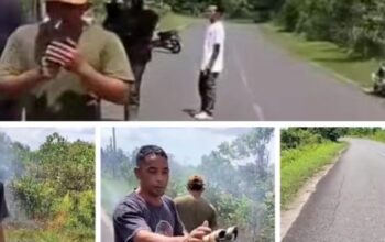 Kondisi keretakan aspal di Jalan Raya Parit Tiga - Bakit yang diduga terdampak aktivitas tambang timah Kolong Biru.