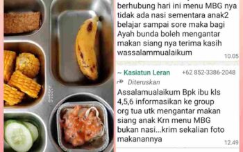 Bukti foto nampan menu MBG tanpa nasi dan tangkapan layar instruksi WhatsApp di SD Negeri 011 Pasir Putih Pelalawan.