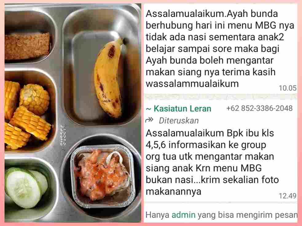 Bukti foto nampan menu MBG tanpa nasi dan tangkapan layar instruksi WhatsApp di SD Negeri 011 Pasir Putih Pelalawan.