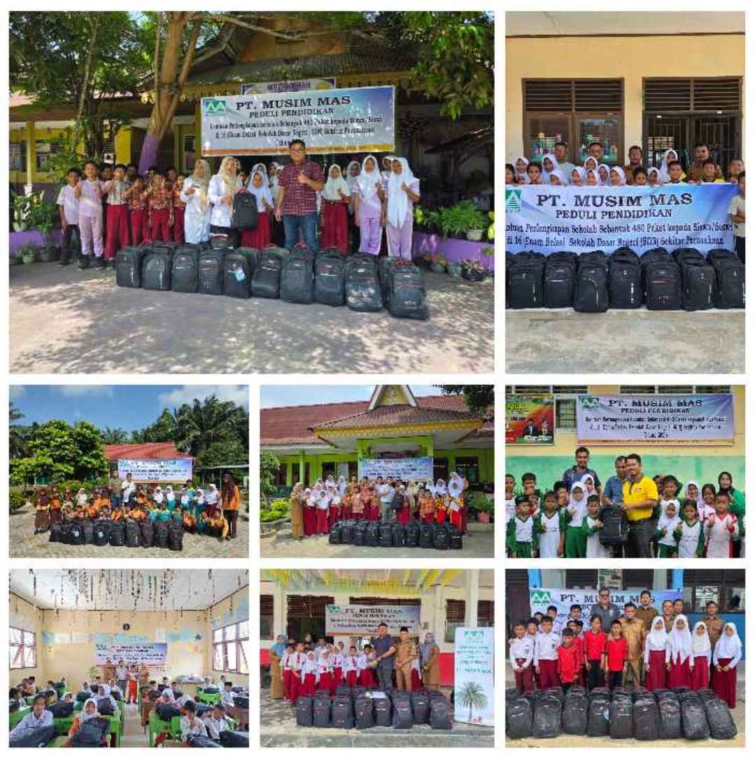 Penyerahan bantuan perlengkapan sekolah program GNOTA oleh PT Musim Mas di Kabupaten Pelalawan.