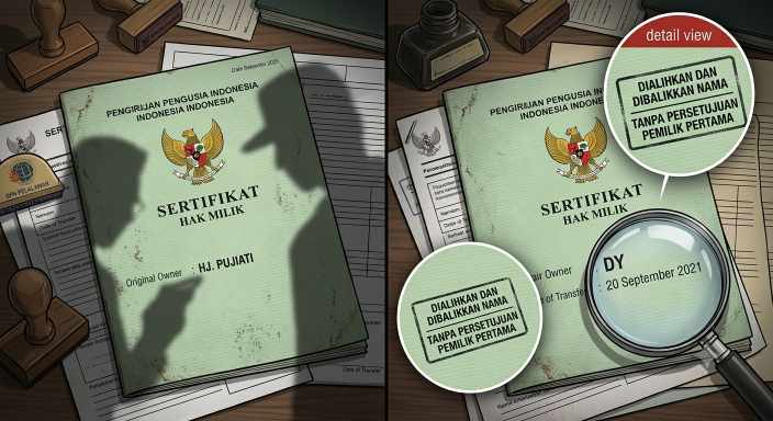 Hj. Pujiati menunjukkan bukti ketidakadilan atas pengalihan hak milik SHM miliknya secara sepihak.