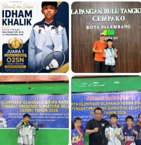 Idham Khalik saat merayakan kemenangannya sebagai juara 1 cabang olahraga bulutangkis pada seleksi O2SN tingkat Provinsi Sumatera Selatan tahun 2026.
