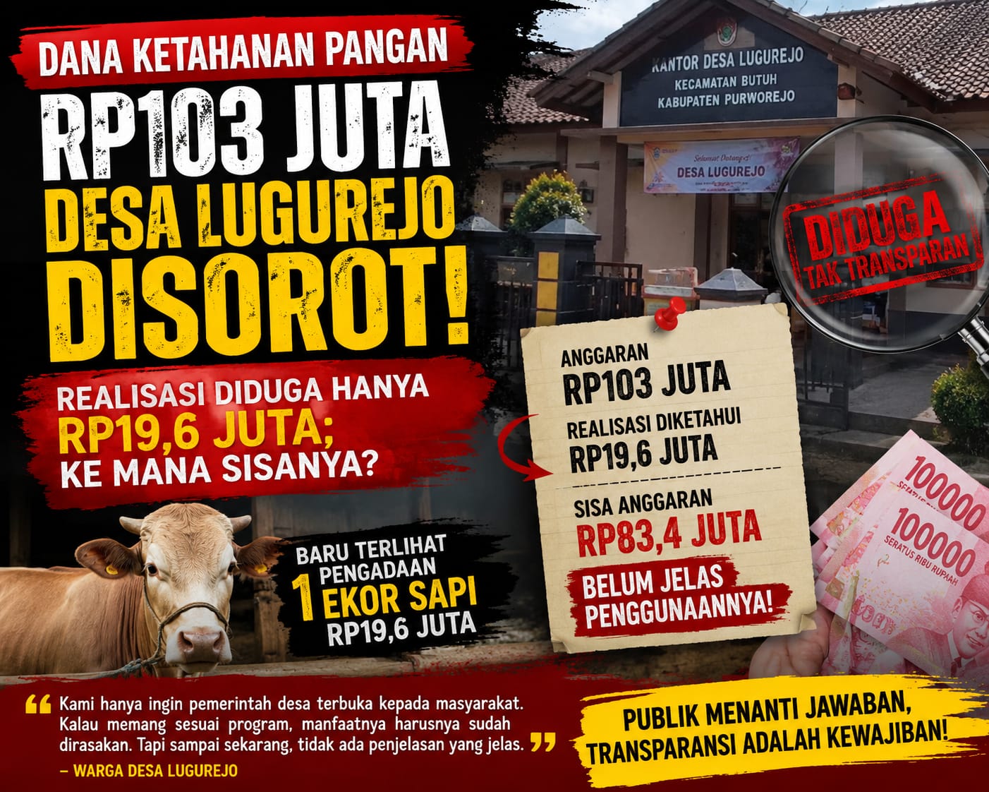 Warga soroti penggunaan Dana Ketahanan Pangan tahun 2023 di Desa Lugurejo, Purworejo yang diduga tidak sesuai realisasi.