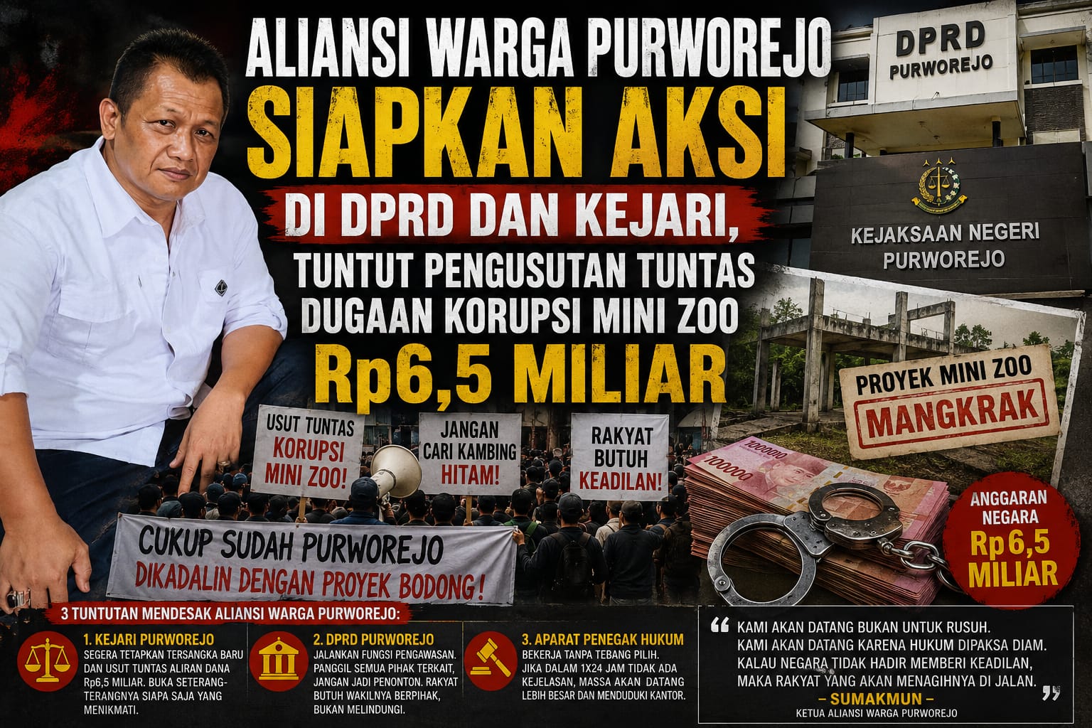 Ilustrasi gedung instansi pemerintah dan aksi unjuk rasa pengusutan kasus korupsi di Purworejo.