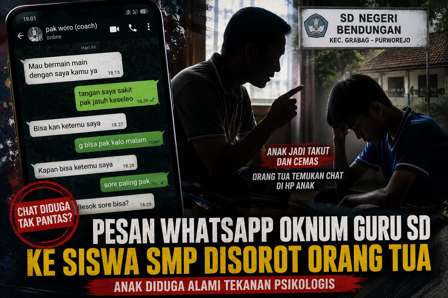 Ilustrasi perangkat seluler dan ruang pendidikan terkait sorotan pesan WhatsApp oknum guru di Purworejo.
