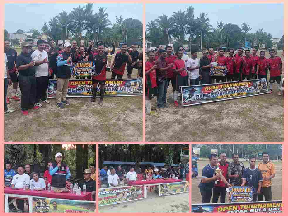 Penyerahan piala kepada pemenang turnamen sepak bola Pangkalan Malako Cup I U-40 oleh Junaidi Purba.