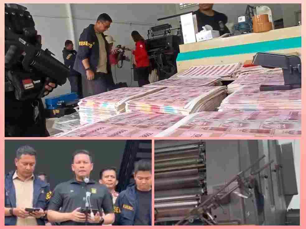 Petugas kepolisian menunjukkan barang bukti uang palsu pecahan Rp100.000 di Tangerang Selatan.