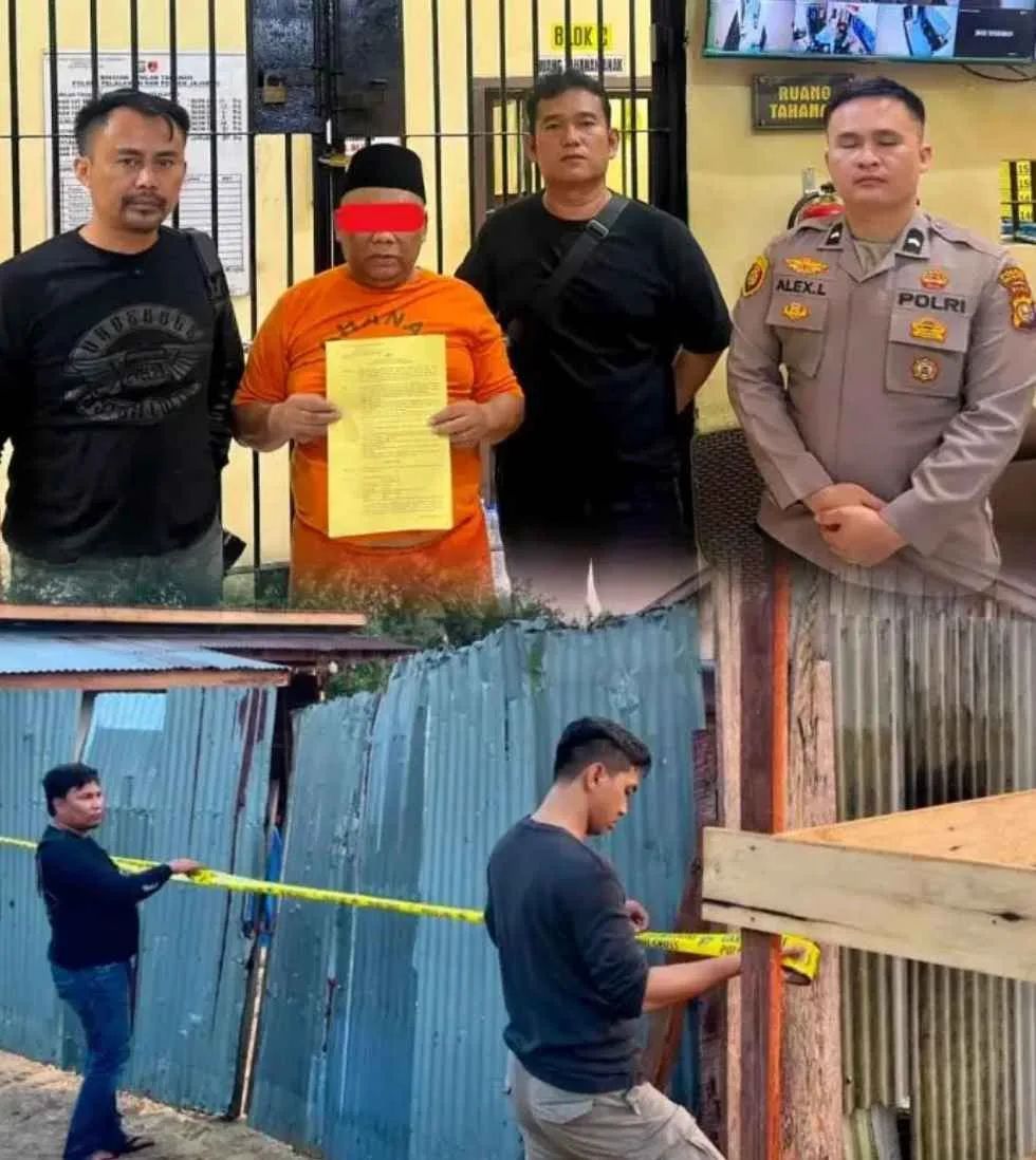 Petugas kepolisian mengamankan barang bukti kayu olahan dan lokasi gudang yang dipasangi garis polisi.