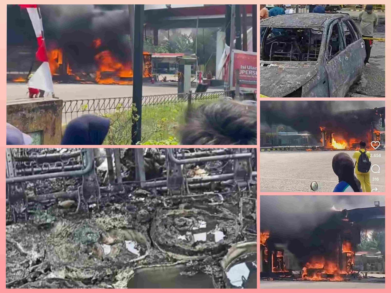 Bangkai mobil Daihatsu Terios yang terbakar di area SPBU Lubuk Terap, Pelalawan.