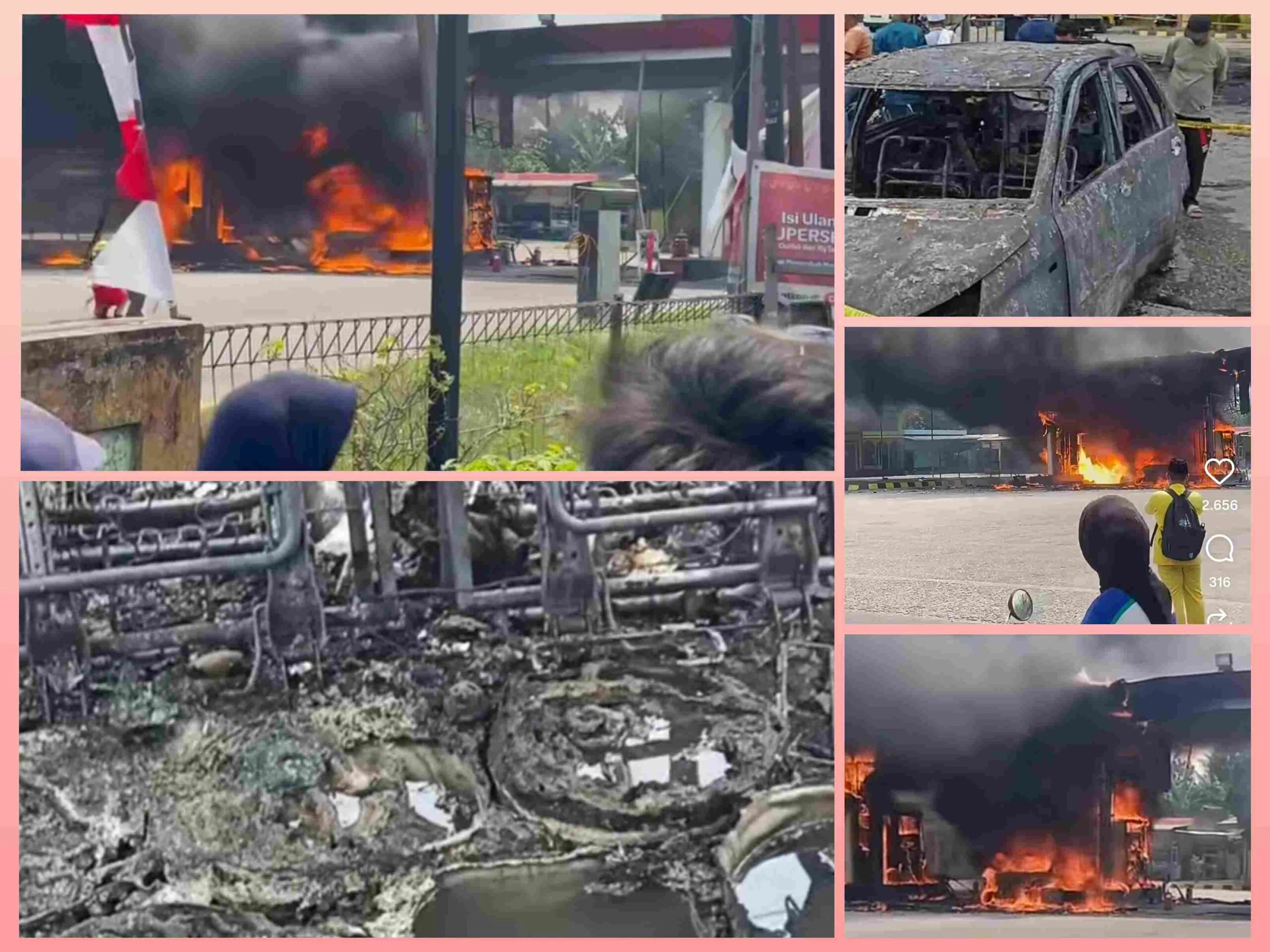 Bangkai mobil Daihatsu Terios yang terbakar di area SPBU Lubuk Terap, Pelalawan.