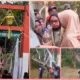 Kondisi Jembatan Gantung Pongpet di Cijulang, Pangandaran, yang mengalami kerusakan usai diresmikan Bupati.