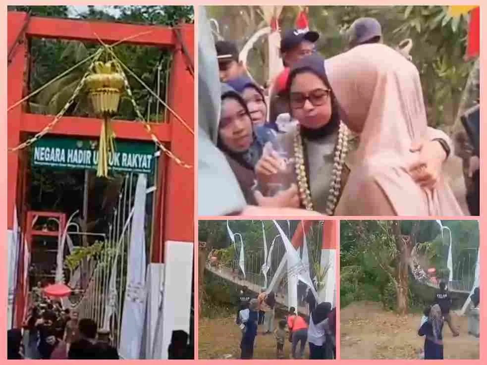 Kondisi Jembatan Gantung Pongpet di Cijulang, Pangandaran, yang mengalami kerusakan usai diresmikan Bupati.