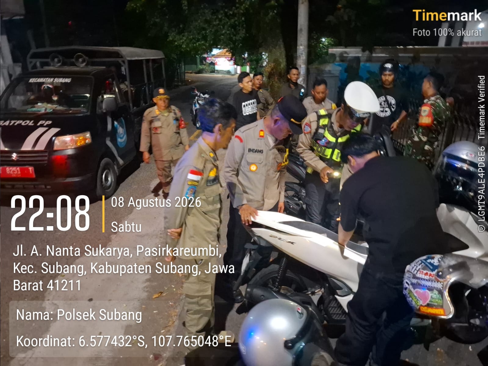 Personel Polsek Subang, Koramil 0501, dan Satpol PP menggelar patroli KRYD gabungan di Subang.