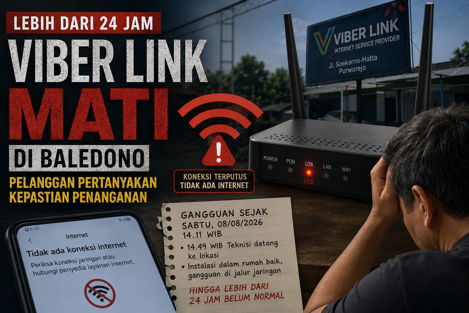 Perangkat modem Viber Link menunjukkan indikator merah akibat gangguan jaringan di Baledono, Purworejo.