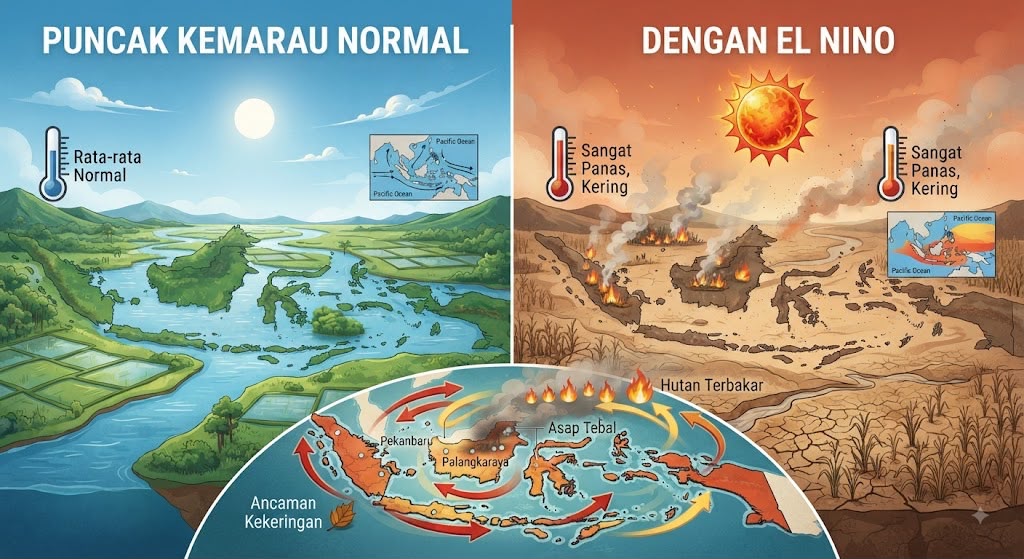 Ilustrasi kondisi cuaca ekstrem dan awan mendung di tengah musim kemarau akibat El Nino.
