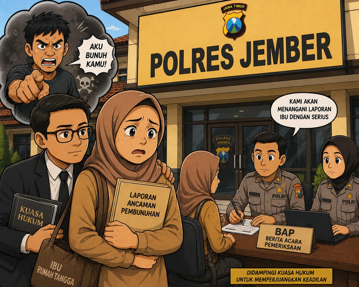 Kuasa hukum mendampingi pelapor menjalani pemeriksaan PAP di Mapolres Jember.
