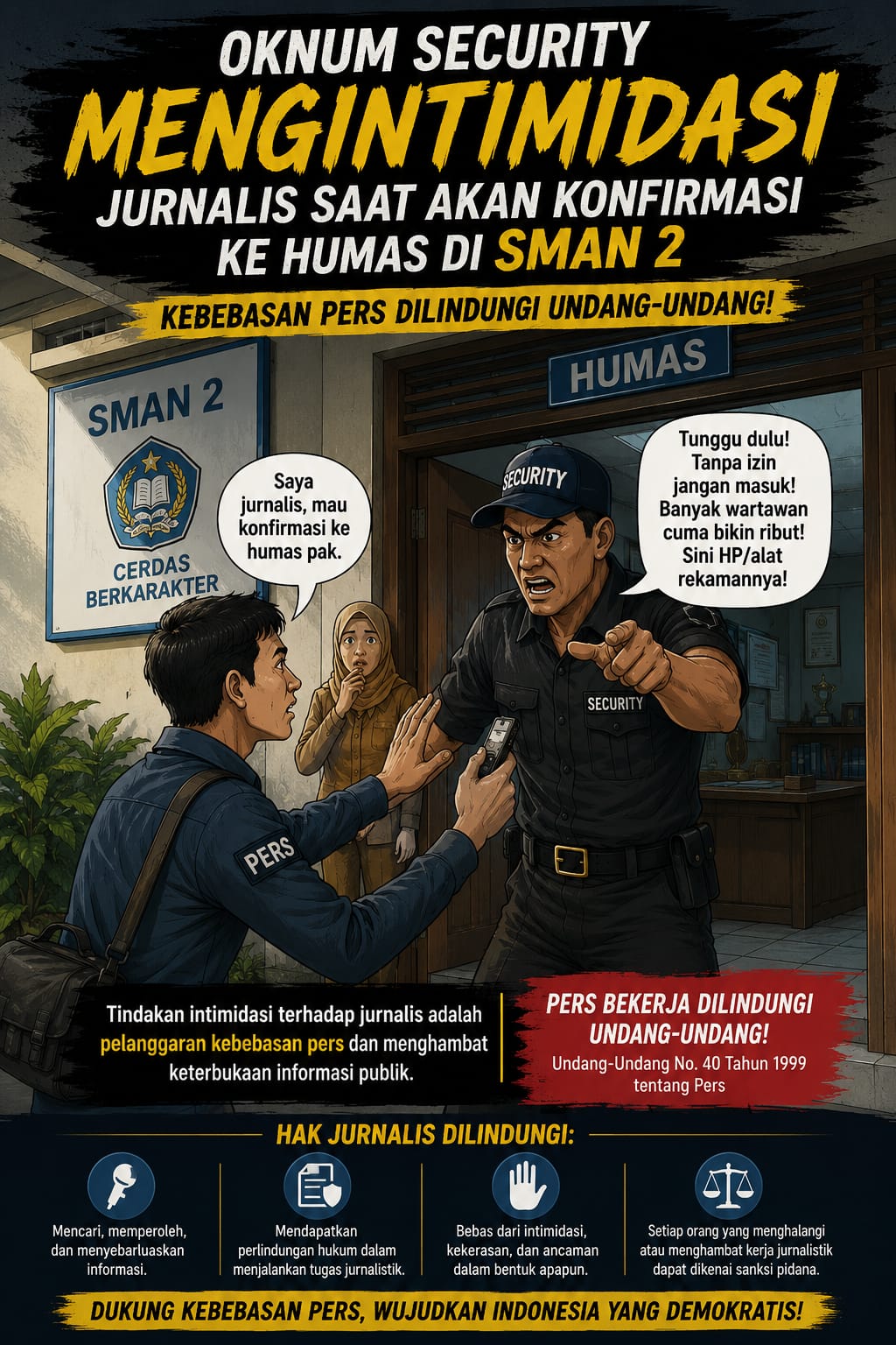 Ilustrasi tugas jurnalistik dan lambang perlindungan hukum pers di Indonesia.